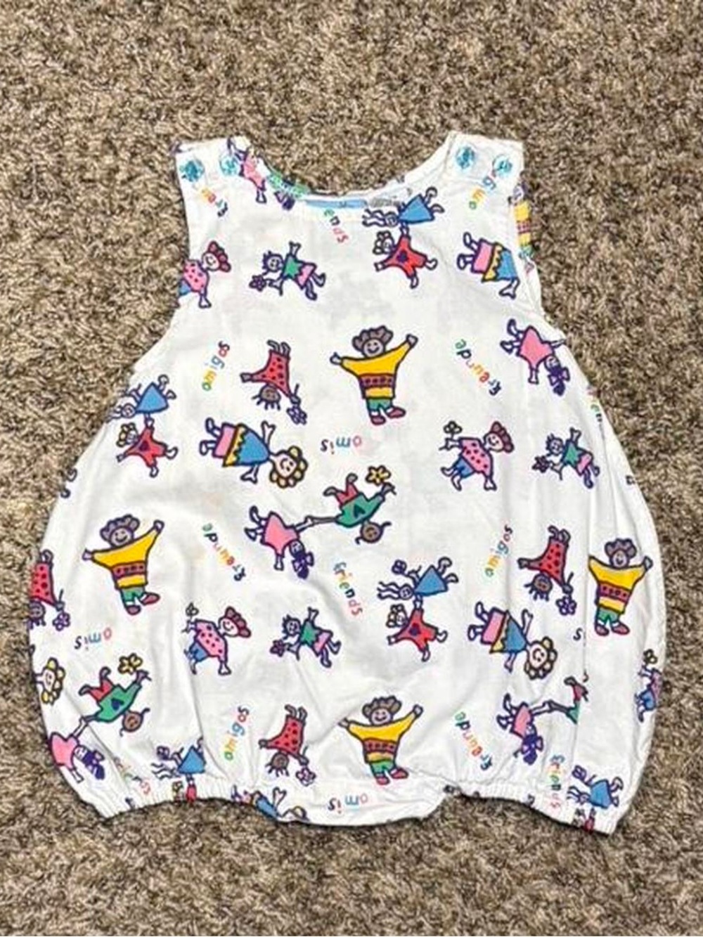 White Baby Bubble Romper with Colorful Kids Print